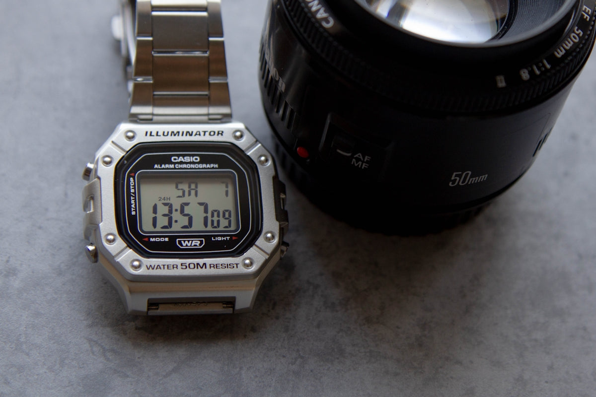 A watch and a camera on a table